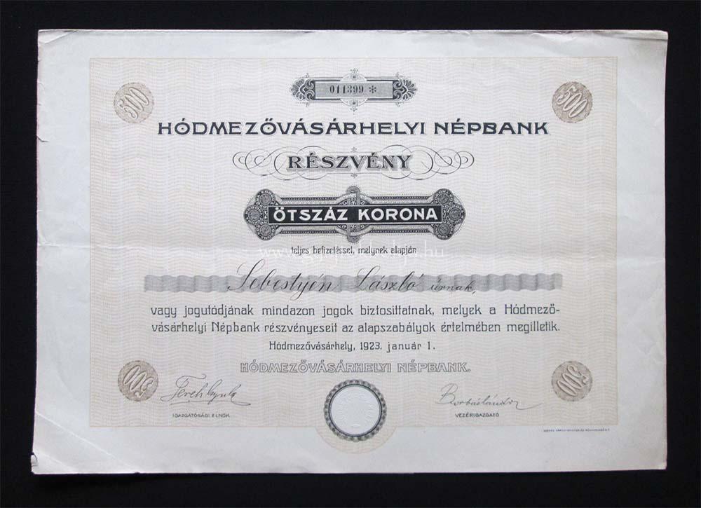 Hódmezõvásárhelyi Népbank részvény 500 korona 1923